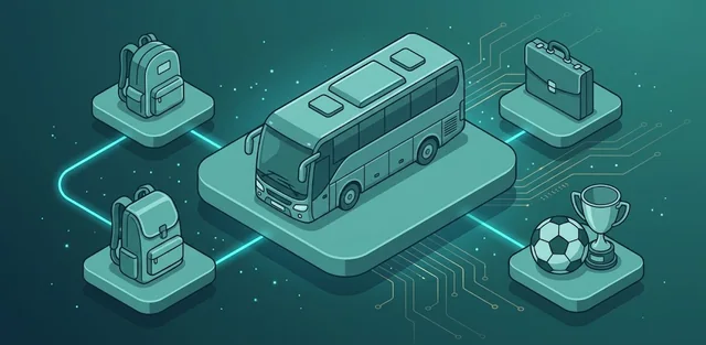 Reisebus für 25 bis 30 Personen, umgeben von Symbolen für Klassenfahrt, Betriebsausflug und Mannschaftsfahrt.