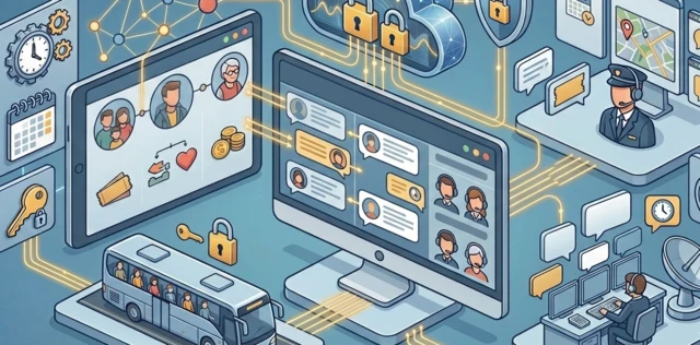 CRM und Live-Chat für Busunternehmen: Kontaktdaten, Chat-Verlauf und Auftragshistorie eines Kunden auf einer Oberfläche.