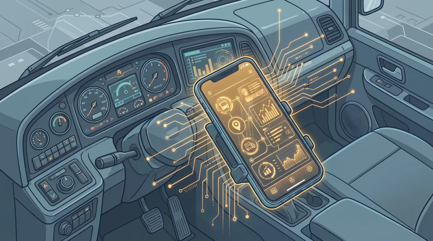 Busly Fahrer App auf einem Smartphone: zugewiesene Touren, laufende Fahrzeit und Stopp-Timeline auf einer Oberfläche.