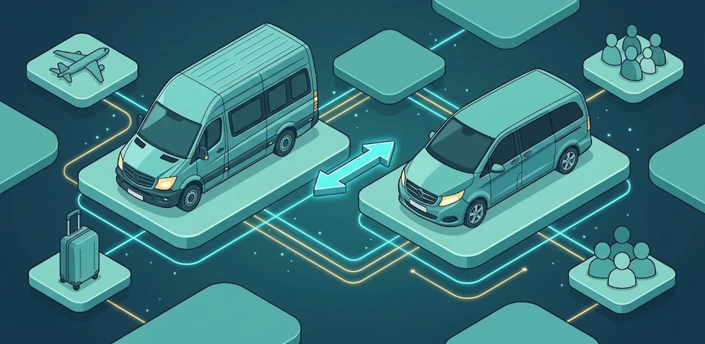 Business Van und Kleinbus vom Typ Sprinter im Vergleich, daneben Symbole für Flughafen, Gepäck und kleine Gruppen – Bus für 8 bis 12 Personen mieten.