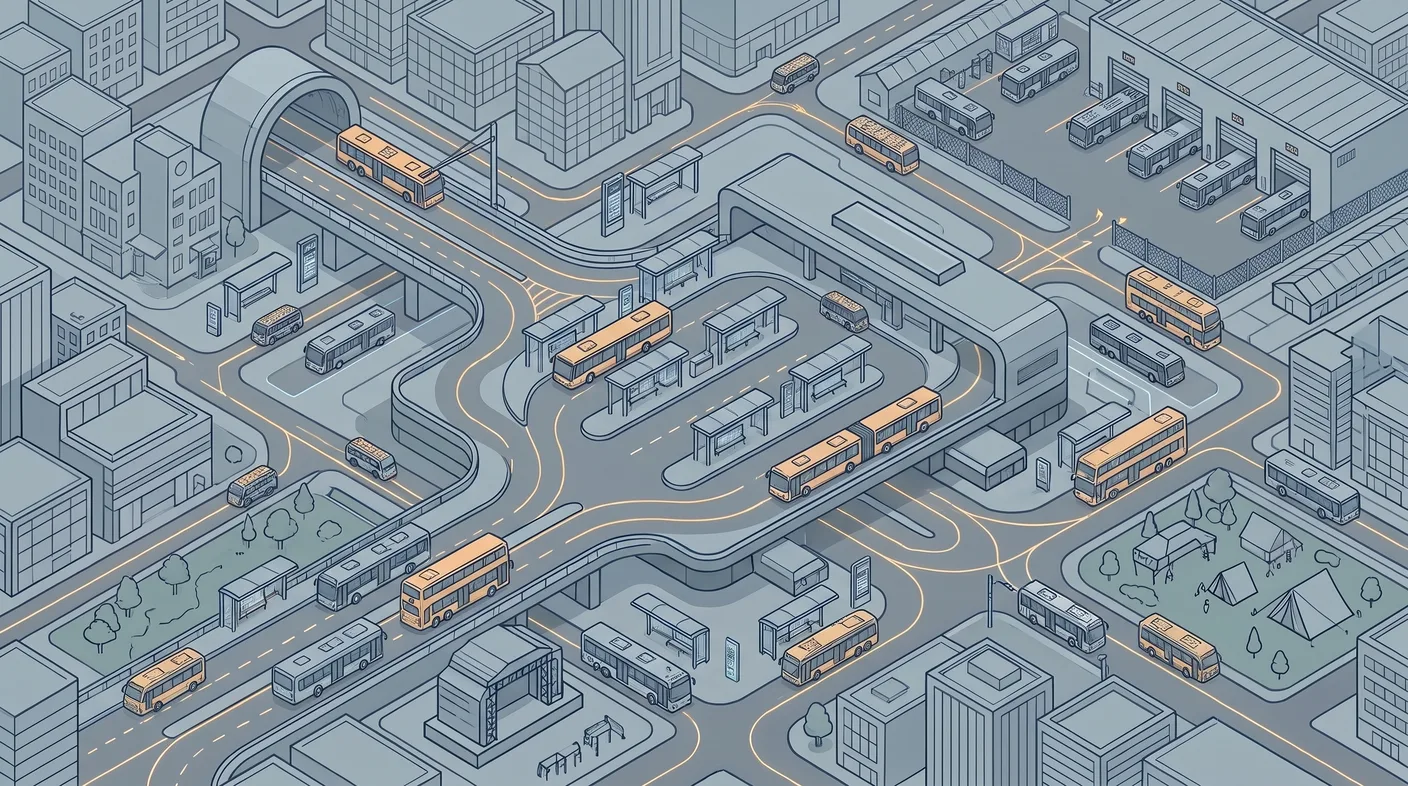 Isometrische Illustration einer Stadt mit Busbahnhof, Betriebshof und Linienbussen, die auf mehreren Straßen und Brücken durch das Stadtgebiet fahren.