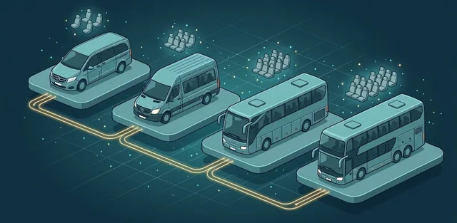 Vier Bustypen im Größenvergleich – Business Van, Kleinbus, Reisebus und Doppeldecker – jeweils mit ihren Sitzplätzen darüber.