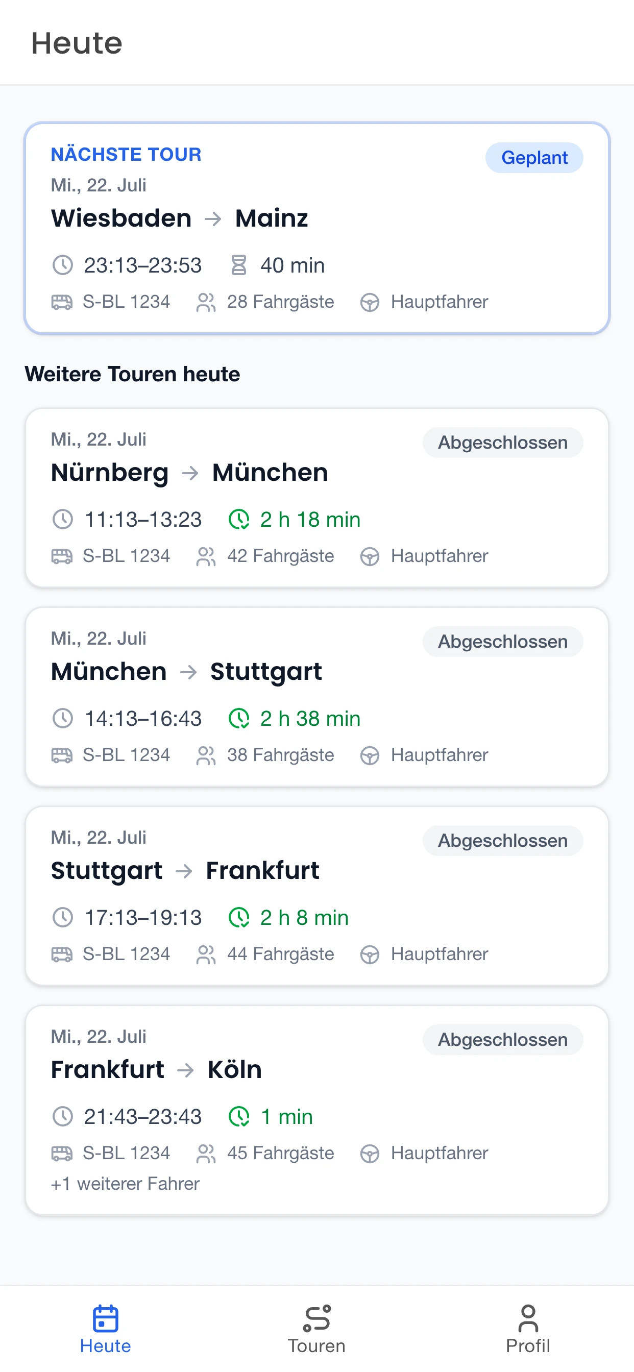 Busly Fahrer-App mit der Tourenübersicht auf dem Smartphone