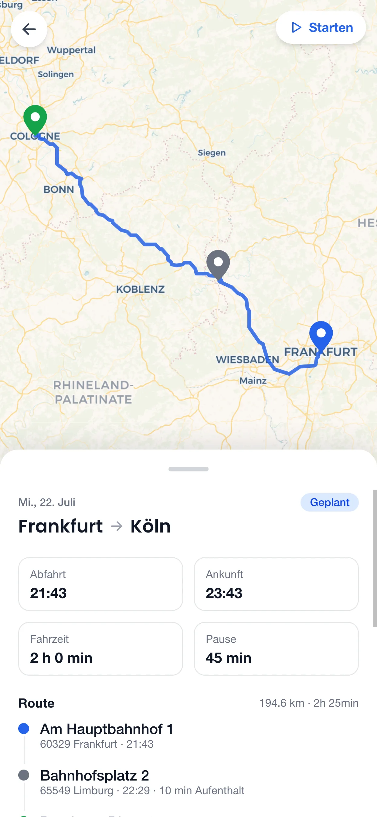 Fahrtansicht in der Busly Fahrer-App mit Route und Stopps