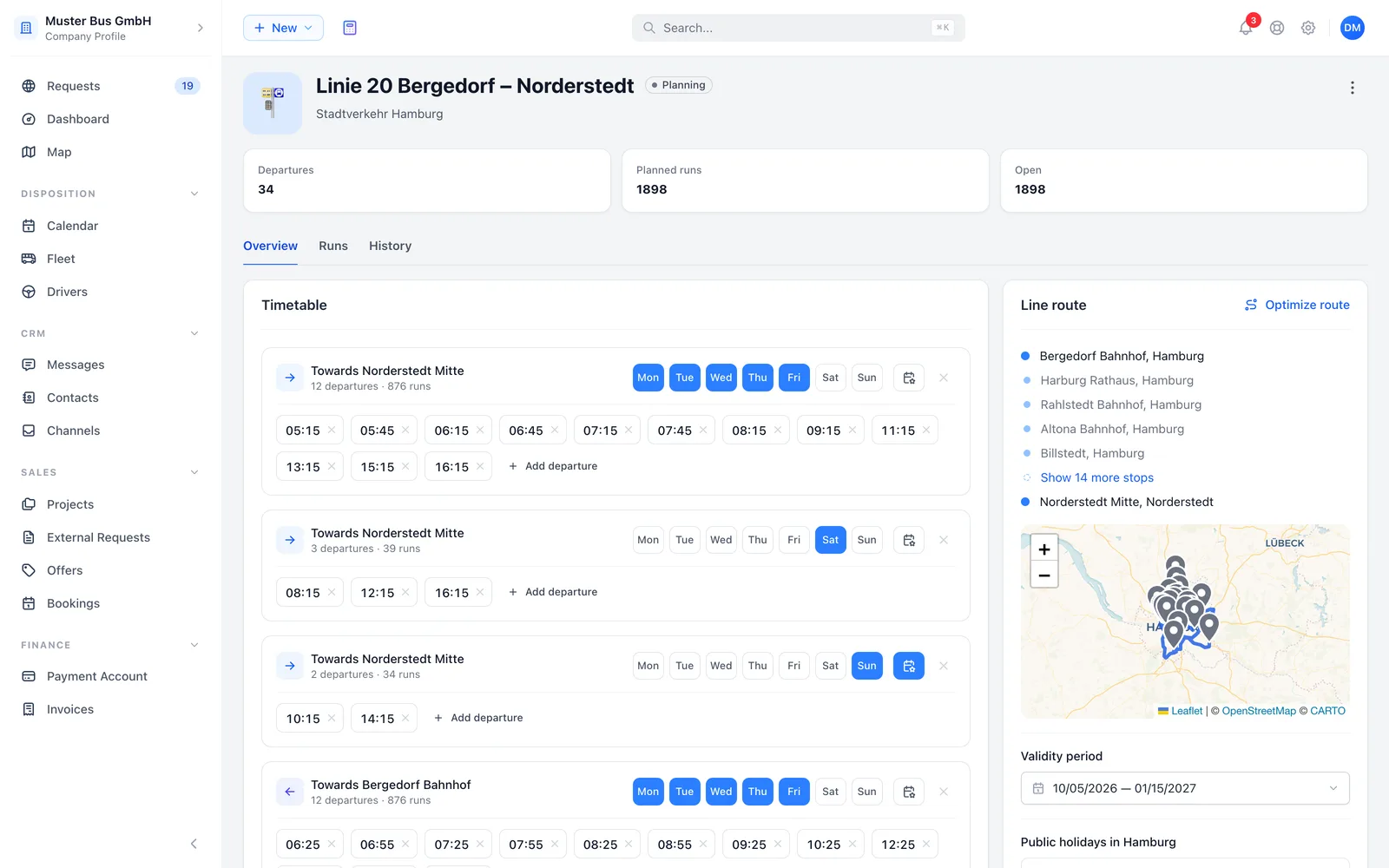 Line planner with timetable, route and runs